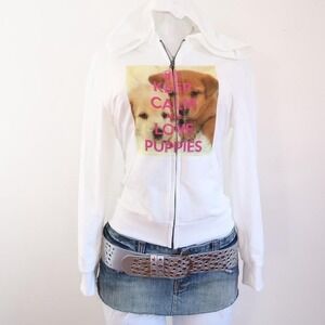 2010s keep calm love puppies zip up hoodie coquette white [m]